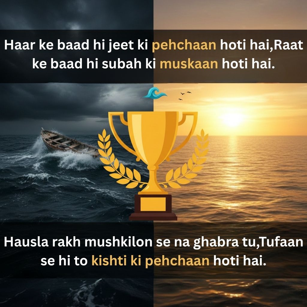 Haar ke baad hi jeet ki pehchaan hoti hai, Raat ke baad hi subah ki muskaan hoti hai. Hausla rakh mushkilon se na ghabra tu, Tufaan se hi to kishti ki pehchaan hoti hai.