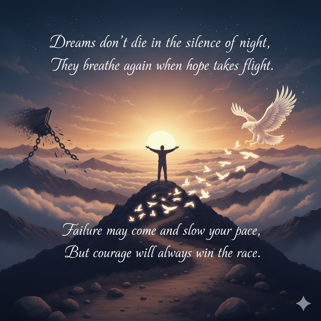 Dreams don’t die in the silence of night, They breathe again when hope takes flight, Failure may come and slow your pace, But courage will always win the race.