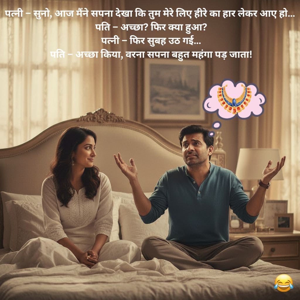 पत्नी – सुनो, आज मैंने सपना देखा कि तुम मेरे लिए हीरे का हार लेकर आए हो… पति – अच्छा? फिर क्या हुआ? पत्नी – फिर सुबह उठ गई… पति – अच्छा किया, वरना सपना बहुत महंगा पड़ जाता!