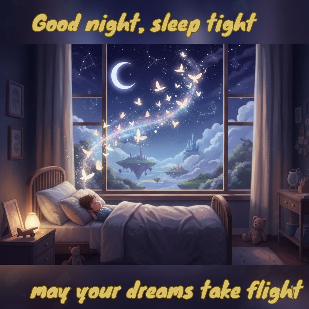 "Good night, sleep tight, may your dreams take flight." 