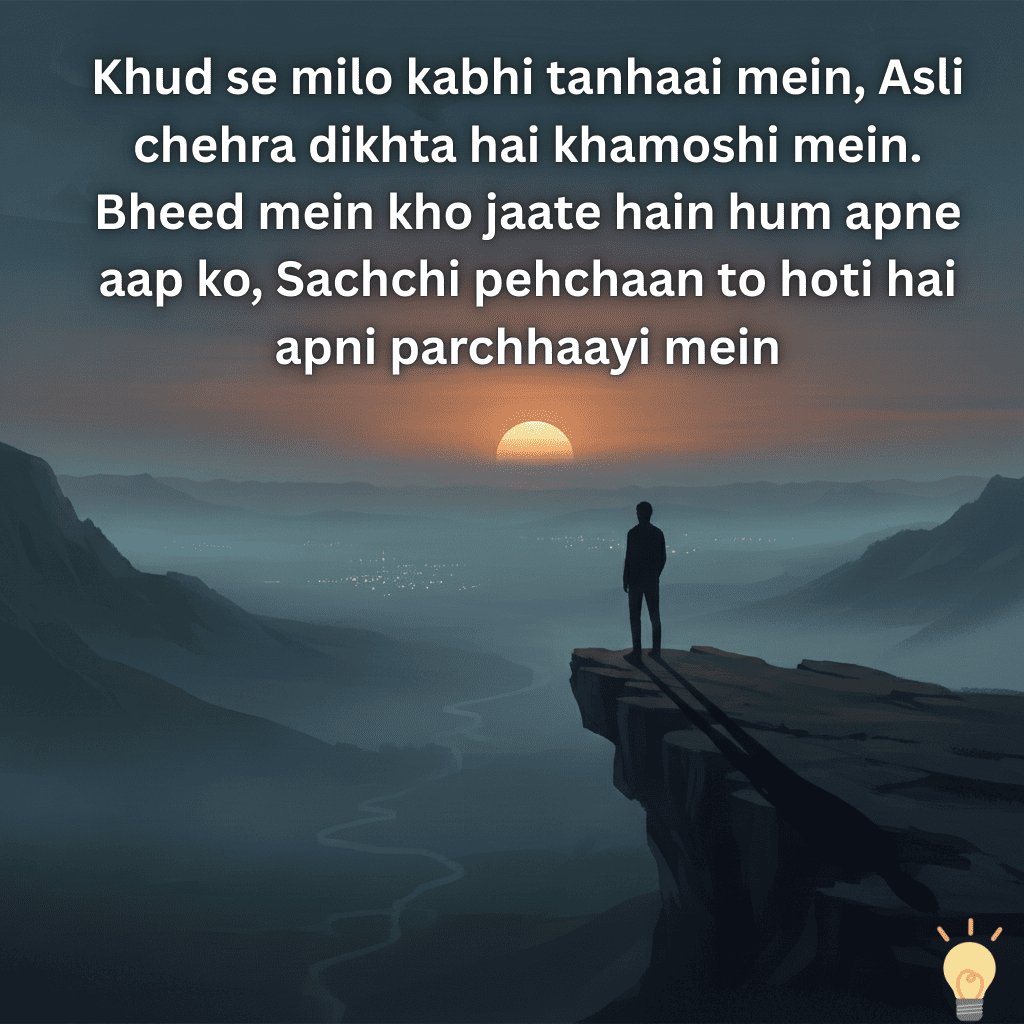 Khud se milo kabhi tanhaai mein, Asli chehra dikhta hai khamoshi mein. Bheed mein kho jaate hain hum apne aap ko, Sachchi pehchaan to hoti hai apni parchhaayi mein