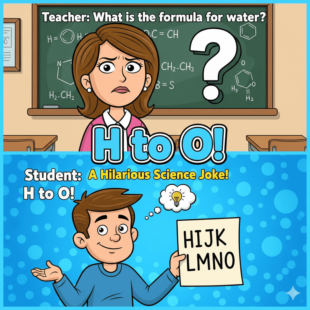 Teacher: What is the formula for water? Student: H I J K L M N O Teacher: What?! That’s not correct! Student: But you said it’s H to O!