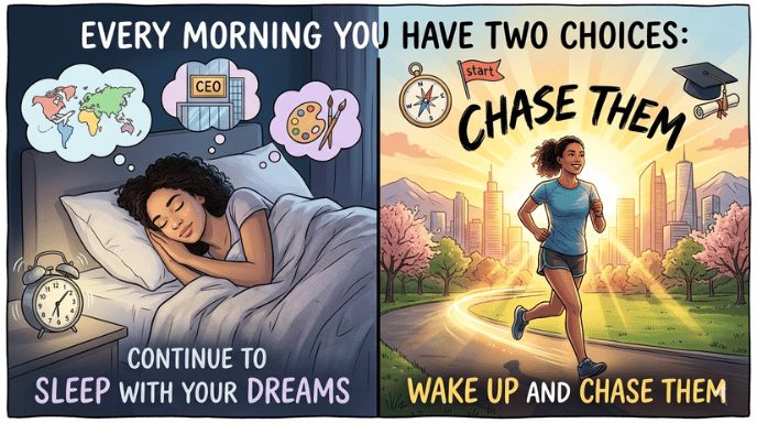 Every morning you have two choices: continue to sleep with your dreams, or wake up and chase them.