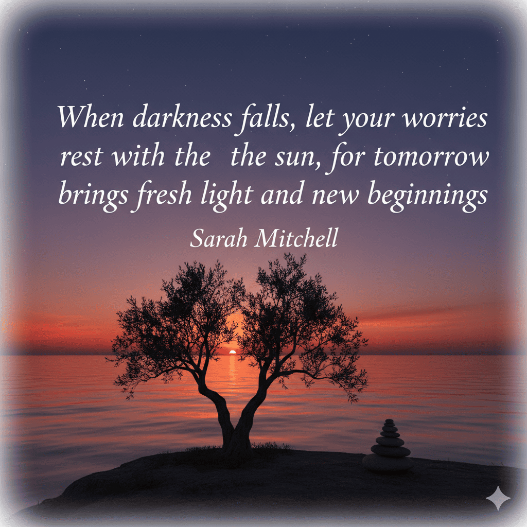 When darkness falls, let your worries rest with the sun, for tomorrow brings fresh light and new beginnings.