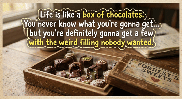 Life is like a box of chocolates. You never know what you're gonna get... but you're definitely gonna get a few with the weird filling nobody wanted.